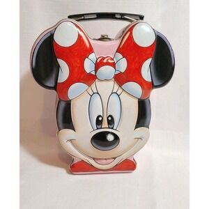 Vintage Disney Minnie Mouse Metal Tin Lunch Box Pink Red Bow Minnie Head Shape